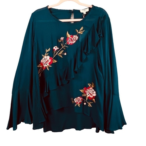 Umgee Blouse Ruffles High Low Hem Dark Green Semi Sheer Bell Sleeves Floral Sz L - Picture 1 of 12